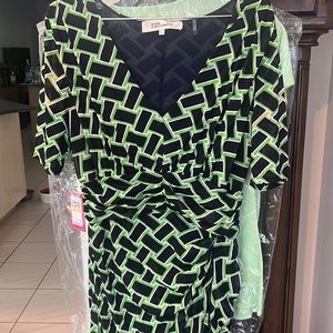 DVF never worn, green, black & white print wrap dress